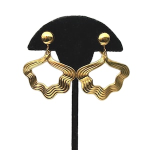 Vintage Gold Dangle Hoop Clip on Earrings 1991 Avon Dramatic Textured Large Statement Unique 90s