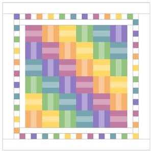 Könnte beinhalten: Ein farbenfroher Quiltblock mit einem gewebten Muster in Gelb-, Orange-, Grün-, Blau- und Violetttönen. Der Block ist von einem weißen Rand und einem bunten Rand mit abwechselnden Streifen in Gelb, Orange, Grün, Blau, Lila und Weiß umgeben.