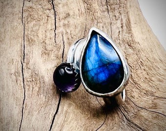 Labradorite, labradorite ring, Amethyst, Amethyst ring, statement ring, silver ring, sterling silver ring