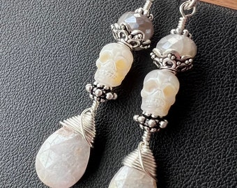 Carved pearl skull, pearl skull, skull earrings,  moonstone, moonstone earrings, Bali silver,  sterling, silver earrings