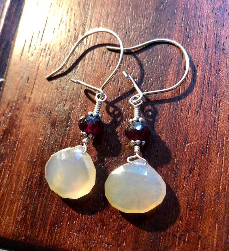 Faceted Chalcedony briolette drops faceted garnet and sterling silver earrings