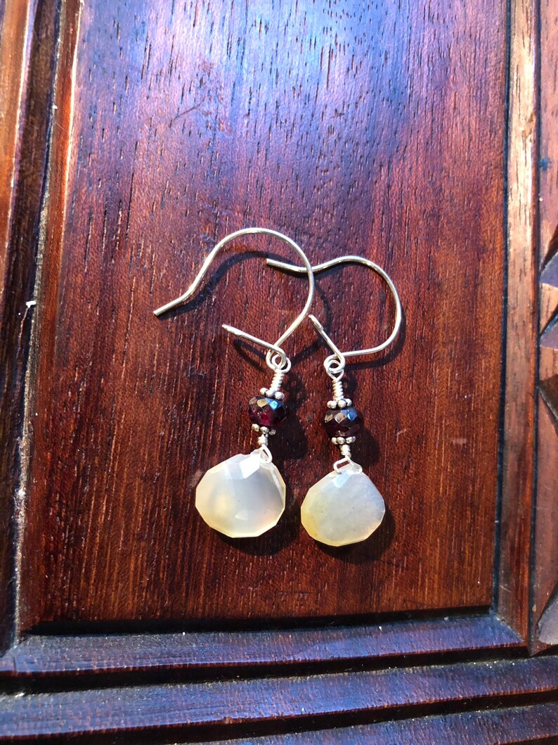 Faceted Chalcedony briolette drops faceted garnet and sterling silver earrings