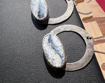 Hammered sterling silver, sterling silver earrings, Dendritic Opal, opal  earrings