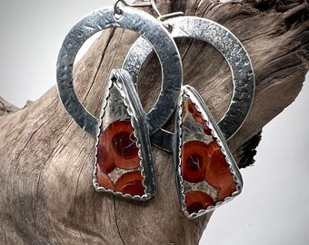 Hammered sterling silver, sterling silver earrings, Peanut Jasper stone, Jasper earrings, Peanut jasper earrings