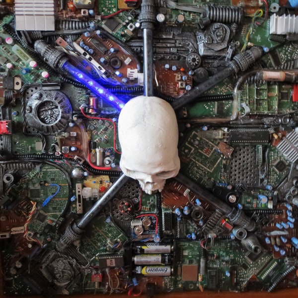 Wall panel art Cyborg Skull with electronics and flowing leds