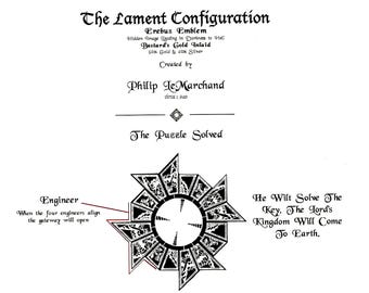 May include: Black and white illustration of the Lament Configuration puzzle box. Text includes "The Lament Configuration," "Erebus Emblem," and "The Puzzle Solved." Additional text describes the box's function and creator.