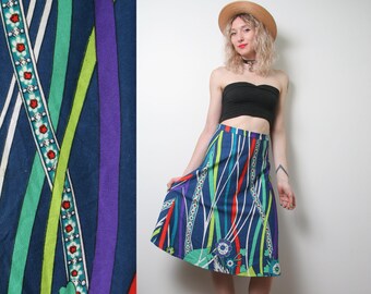 Vintage 60s Floral Psychedelic Skirt - Novelty Print Flower Power - 1960s High Waisted A-line Skirt - Womens Small S Medium M - Groovy Dress
