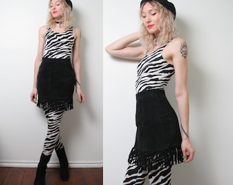 Vintage 80s Black Suede Fringe Skirt - Biker Rocker - High Waisted Fringe Skirt - Boho Mini Skirt - Size Small S Medium M Womens - 1980s