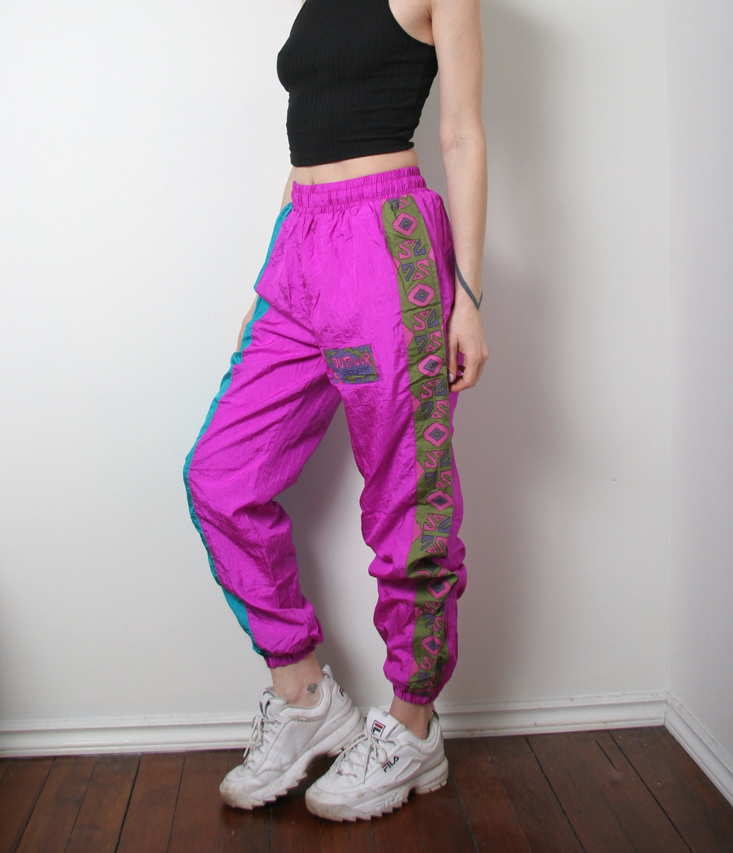 90s Vintage Neon Track Pants - Colorblock Florescent 1990s