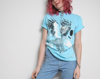 Vintage 80s Eagle T Shirt - 50/50 Single Stitch Size Medium Vintage 80s Graphic Tee - Eagle Shirt Metallic - Reno - Baby Blue