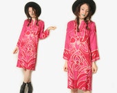 SALE Vintage BATIK Indian Tunic - Boho Dress - Pink Kaftan Caftan - Ethnic Hippie Dress - Cotton Tunic - Neo Punk - Sheer Gauze - Summer 
