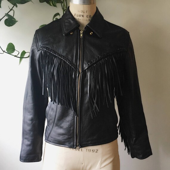 70s 80s 90s Fringe Leather Jacket Womens Small Black Motorcycle Easy Rider Moto Vintage