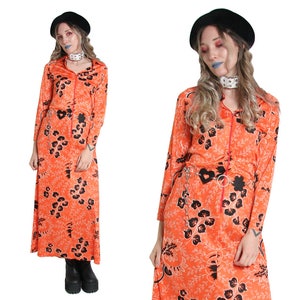 60s 70s Psychedelic Maxi Dress - Pumpkin Queen - Halloween Dress - 60s Dress 70s Dress - Orange Trippy Dress - Retro Vintage Long Dress Tiki