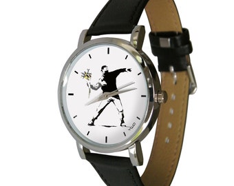 Banksy Flowers Watch, Rage, flower thrower. Genuine Leather Band