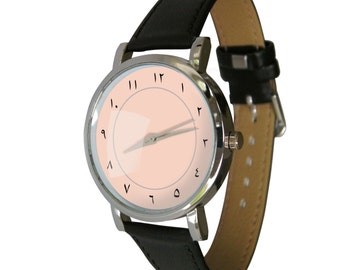 Pink Arabic Number design watch. shows Arabic numerals in a clean classy design. Genuine Leather Strap. mens watch. womens watch