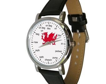 Welsh words design watch. shows Welsh words instead of numbers.