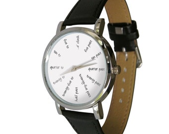 Words instead of numbers design watch. shows numerals replaced by words. Genuine Leather Strap. supplied in a slimline box