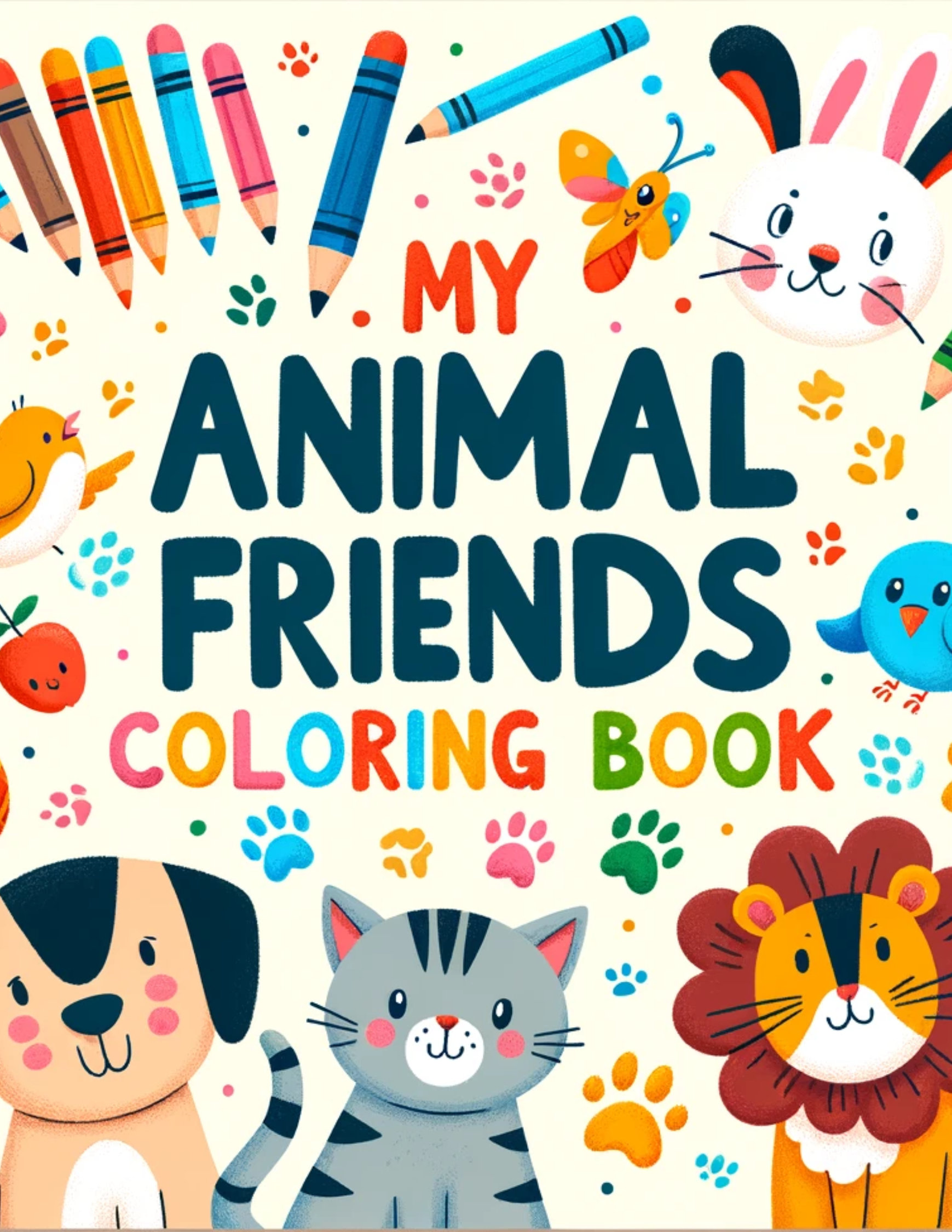 May include: A colorful coloring book with the title "My Animal Friends Coloring Book". The cover features illustrations of a dog, cat, lion, rabbit, bird, and butterfly. The book is perfect for kids who love animals and coloring.
