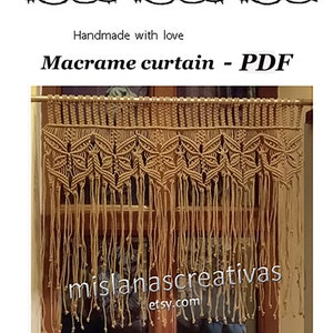 May include: A macrame curtain with a geometric pattern, hanging in a window. The curtain is made of natural fiber rope and has a fringe at the bottom. The text "mislanascreativas etsy.com" is visible at the bottom of the curtain.