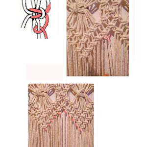 May include: A close-up of a macrame wall hanging with a diamond pattern. The image shows how to knit half hitch knots along the rhombuses. The knots are highlighted in pink.