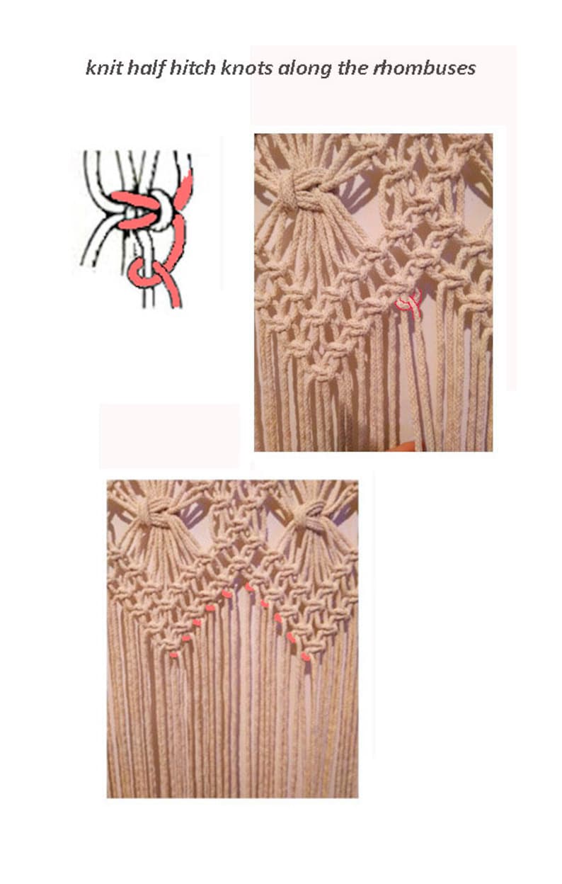 May include: A close-up of a macrame wall hanging with a diamond pattern. The image shows how to knit half hitch knots along the rhombuses. The knots are highlighted in pink.