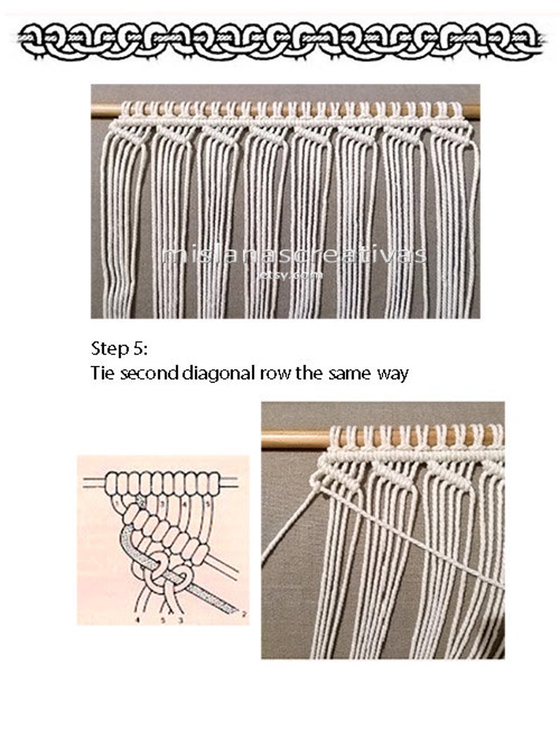 May include: Step 5 of a macrame project. A close-up of a white cord being tied in a diagonal row. The text "Tie second diagonal row the same way" is below the image.