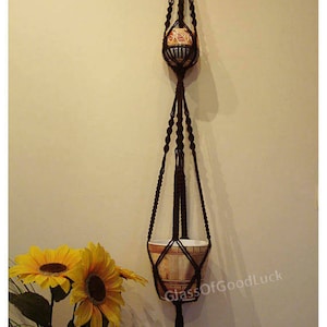 Double macrame plant hanger,Macrame Plant hanger,plant holder, great gift ideas (color brown) - 48 inches, 4 mm -