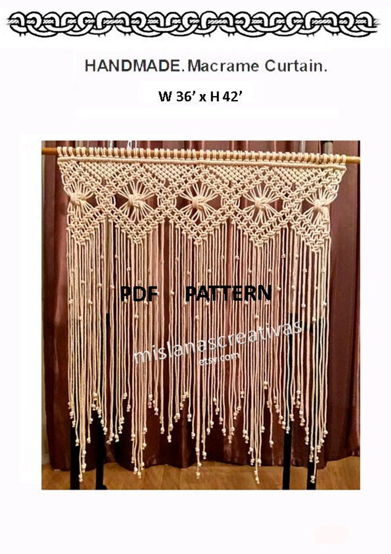 May include: A handmade macrame curtain with a geometric pattern, measuring 36 inches wide by 42 inches tall. The curtain is made with natural colored cord and features a fringe at the bottom.