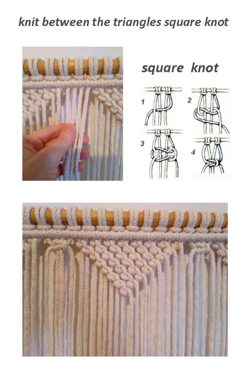 May include: A close-up of a macrame wall hanging with a white cord. The wall hanging is made with a square knot pattern. The image includes instructions for making the square knot.