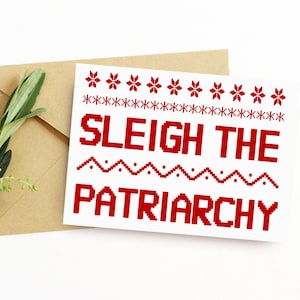 Feminist Christmas card: Sleigh the Patriarchy feminist Christmas cards, feminist gift, gifts under 5, happy holiday funny Christmas card image 1