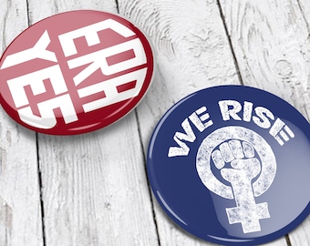 Feminist Pins (set of 2, 1.5 in tall) | Feminist pin back buttons, feminist badge | equal rights amendment | We Rise! raised fist design