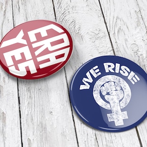 Feminist Pins (set of 2, 1.5 in tall) | Feminist pin back buttons, feminist badge | equal rights amendment | We Rise! raised fist design