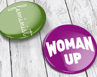 Feminist Pins (set of 2, 1.5 in tall) pin back buttons, feminist badge, green pin, purple pin, feminist gift, top selling items, woman up