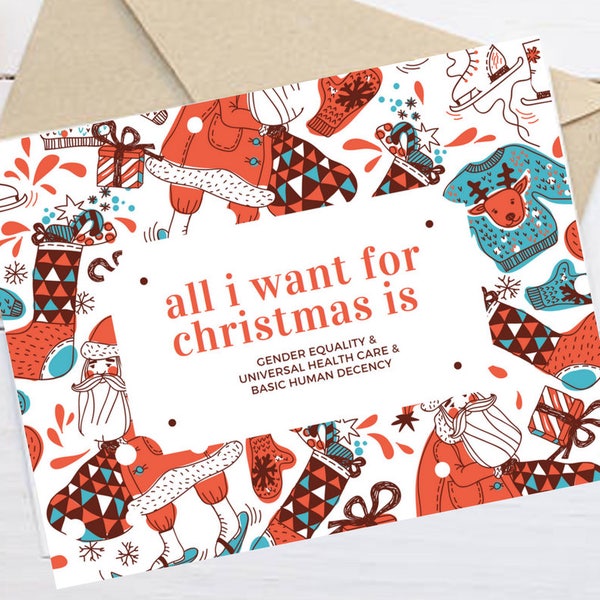 Feminist Christmas Card: All I want is equality, feminist Christmas, Christmas gifts under 5 dollars, funny Christmas card, feminist gifts