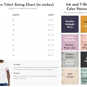 Puede incluir: Tabla de tallas de camiseta unisex en pulgadas con medidas de longitud y pecho para las tallas XS a 4XL. La tabla tambi&eacute;n muestra combinaciones de colores para diferentes colores de camisetas, incluyendo Heather Prism Lilac, Heather Prism Peach, Mustard, Midnight Navy, Black Heather, Athletic Heather y Soft Cream.