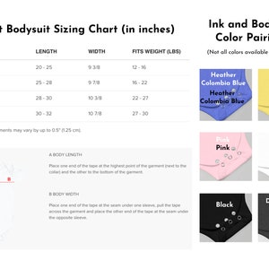 Pu&ograve; includere: Tabella delle taglie per body per neonati in pollici con raccomandazioni di peso. Le opzioni di colore per i body includono Heather Colombia Blue, Giallo, Rosa, Bianco, Nero e Grigio scuro Heather.