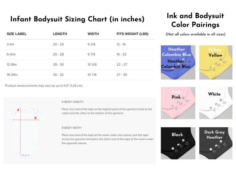 Pu&ograve; includere: Tabella delle taglie per body per neonati in pollici con raccomandazioni di peso. Le opzioni di colore per i body includono Heather Colombia Blue, Giallo, Rosa, Bianco, Nero e Grigio scuro Heather.