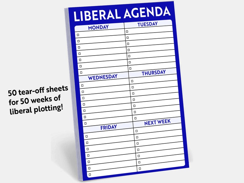 K&ouml;nnte beinhalten: Ein blauer Notizblock mit dem Text "LIBERAL AGENDA" oben. Der Notizblock hat abrei&szlig;bare Bl&auml;tter mit den Wochentagen: Montag, Dienstag, Mittwoch, Donnerstag, Freitag und N&auml;chste Woche. Der Notizblock ist f&uuml;r 50 Wochen liberaler Planung ausgelegt.