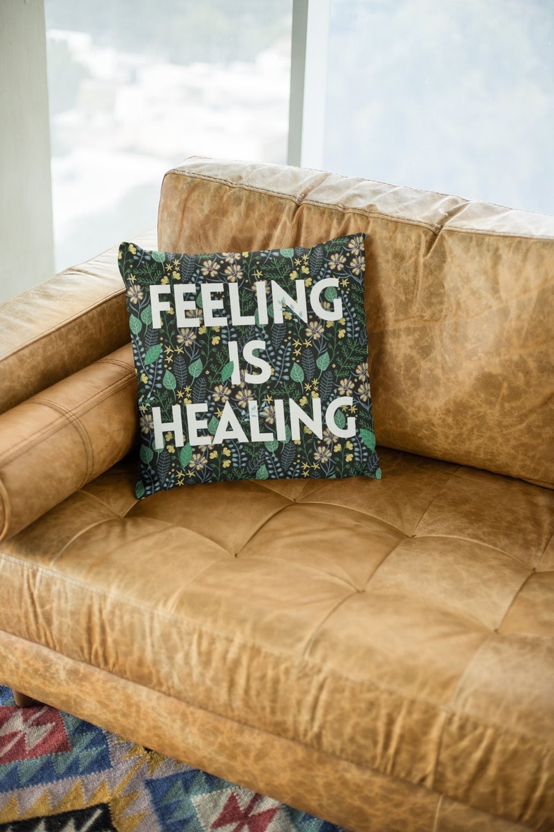Therapy Throw Pillow Cover: Feeling is Healing therapist gift therapist office decor therapy pillow mental health occupational therapy image 1