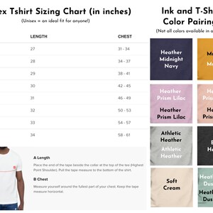 May include: Unisex t-shirt sizing chart in inches with length and chest measurements for sizes XS to 4XL.  The chart also shows color pairings for different t-shirt colors, including Heather Prism Lilac, Heather Prism Peach, Mustard, Midnight Navy, Black Heather, Athletic Heather, Soft Cream, and Heather Prism Dusty Blue.