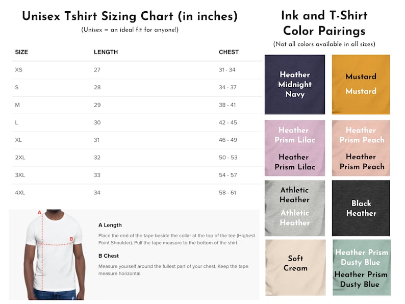 May include: Unisex t-shirt sizing chart in inches with length and chest measurements for sizes XS to 4XL.  The chart also shows color pairings for different t-shirt colors, including Heather Prism Lilac, Heather Prism Peach, Mustard, Midnight Navy, Black Heather, Athletic Heather, Soft Cream, and Heather Prism Dusty Blue.