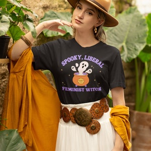 Spooky liberal feminist witch cute feminist tshirt retro feminism activist apparel gift shirt t-shirt funny march activism image 2