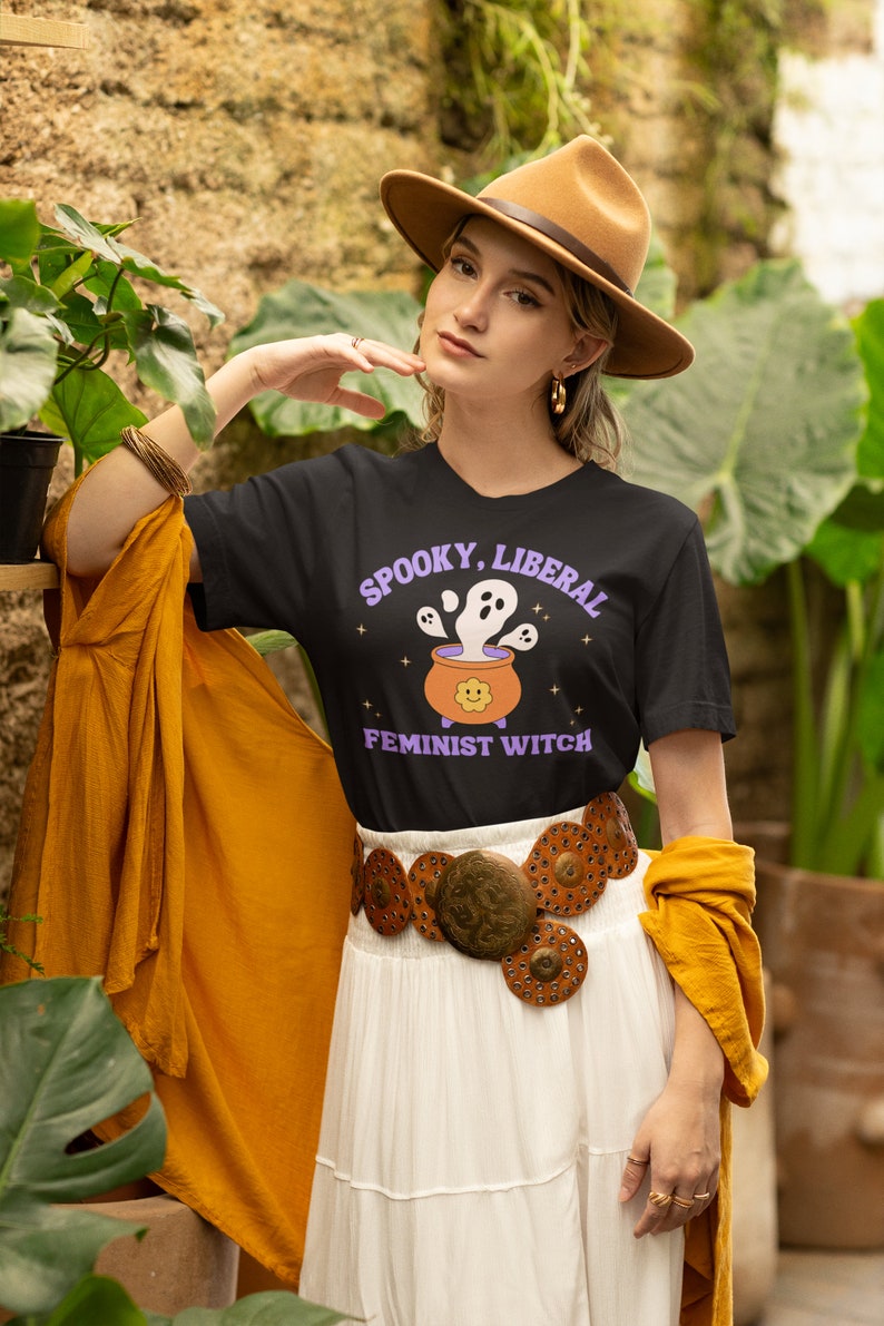 Spooky liberal feminist witch cute feminist tshirt retro feminism activist apparel gift shirt t-shirt funny march activism image 2