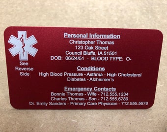 Medical Alert Card, Medical, ID Card, ID Tag, Personalized, Medical Alert, Emergency, For Wallet, Custom, Card, Medical, Alert, Woman, Man