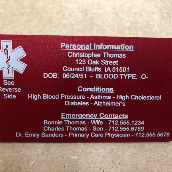 Medical Alert Card, Medical, ID Card, ID Tag, Personalized, Medical Alert, Emergency, For Wallet, Custom, Card, Medical, Alert, Woman, Man