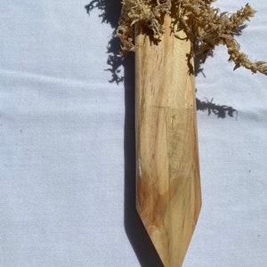May include: A wooden stake with a pointed tip, made of light brown wood with a natural grain pattern.