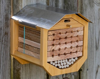 Solitary-Native Bee House - "Ento" - Bamboo, cedar and etched aluminum roof