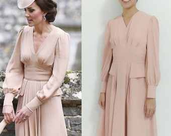 Kate Middleton Blush Pink Bridesmaid Dress: V-Neck Peplum Wedding Guest Dress (Size S)