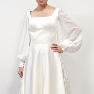 Juliet sleeve Wedding dress/ A line backless wedding dress/ open back dress/ short bridal gown/ long sleeve modern gown/ Custom wedding gown image 1