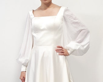 Juliet sleeve Wedding dress/ A line backless wedding dress/ open back dress/ short bridal gown/ long sleeve modern gown/ Custom wedding gown